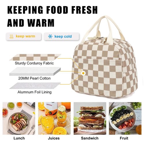 Dezcrab Corduroy Lunch Box for Women Girls, Cooler Lunch Bags Reusable Insulated Lunchbox for Picnic School Work Travel (Checkered Brown)