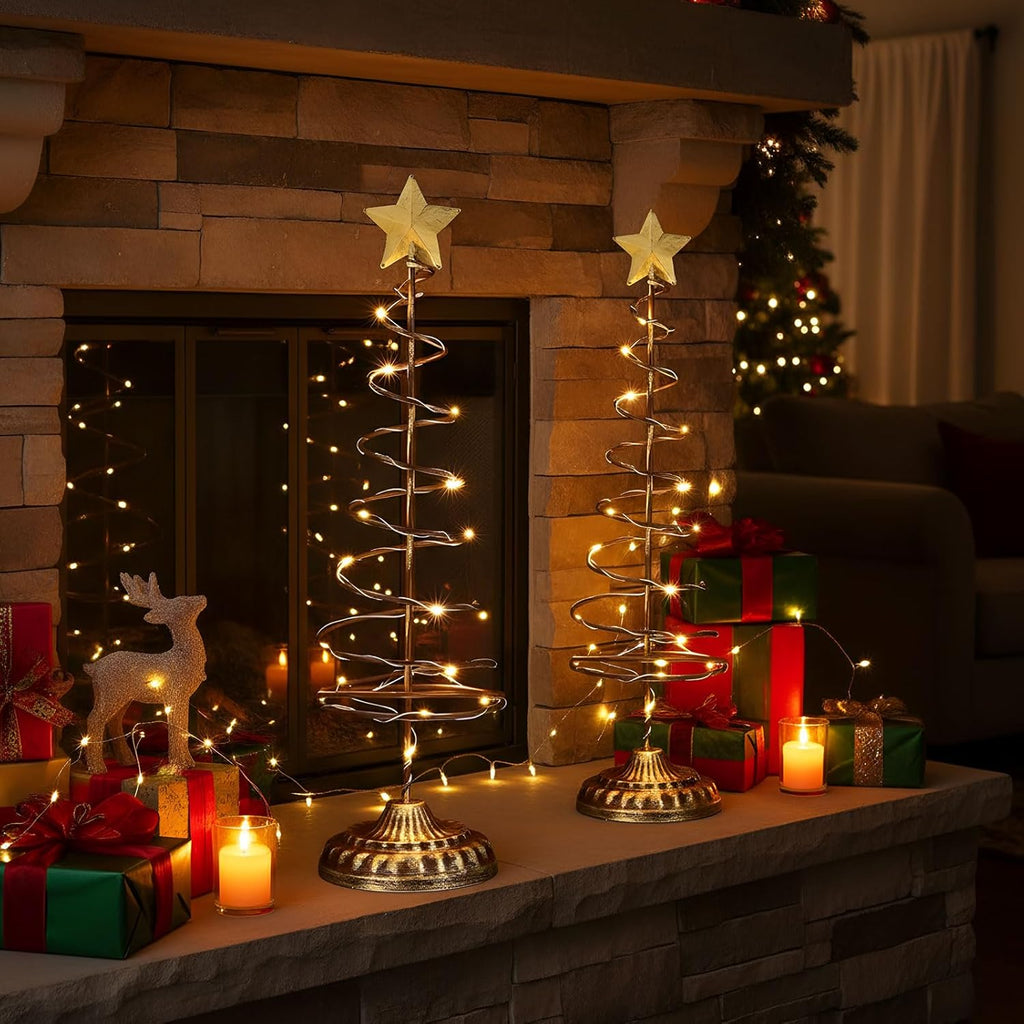 Skiennix Lighted Christmas Tree Table Decoration - Set of 2 Mini Prelit Xmas Trees with Golden Star | Battery Operated, Gold