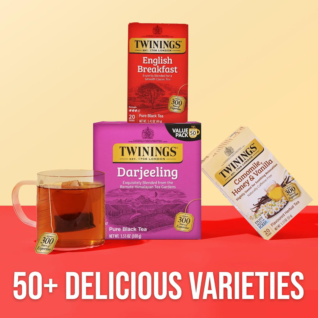 Twinings Darjeeling Black Tea - Delicate Light Taste, Caffeinated, 50 Individually Wrapped Bags (Pack of 6)