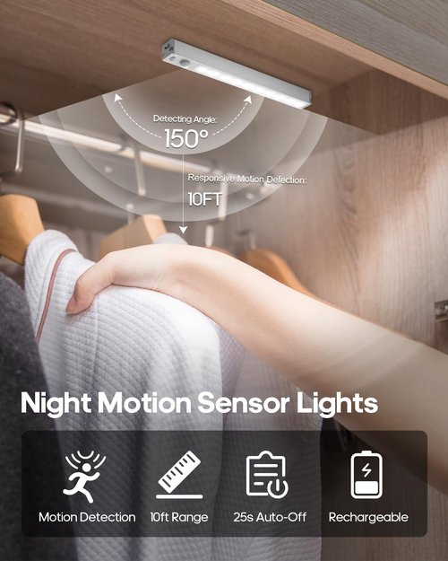 GOODEA 6-Pack LED Under Cabinet Lights - Wireless Rechargeable Motion Sensor | Dimmable Indoor Lighting for Closets, Stairs, Hallways