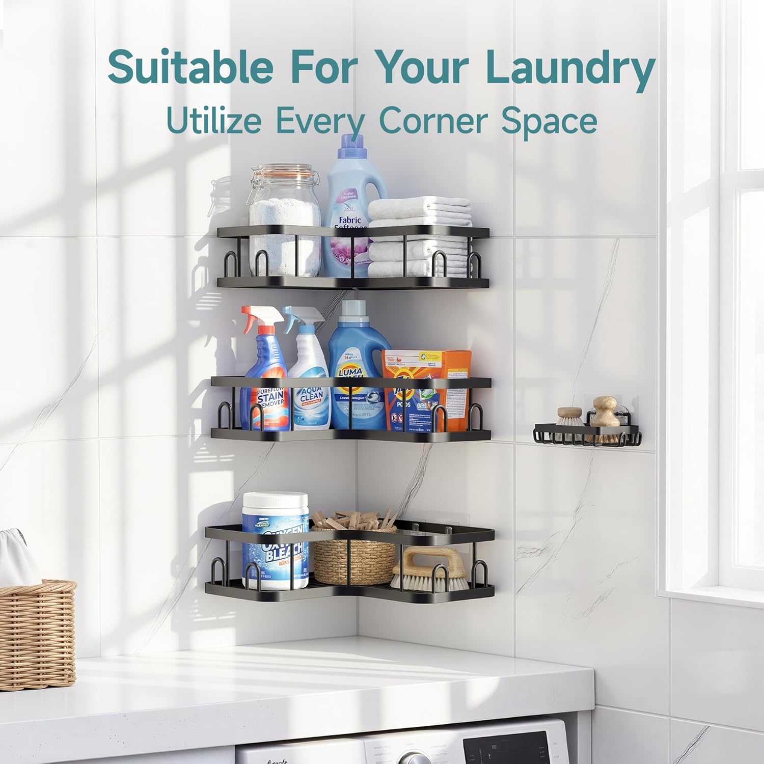 Veken Corner Adhesive Shower Caddy - Rustproof & Waterproof 4-Pack for Small Spaces | Black