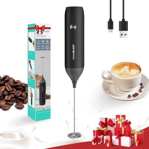 HAUSHOF Rechargeable Milk Frother Wand - Handheld Electric Foam Maker for Coffee, Latte & Cappuccino - Black
