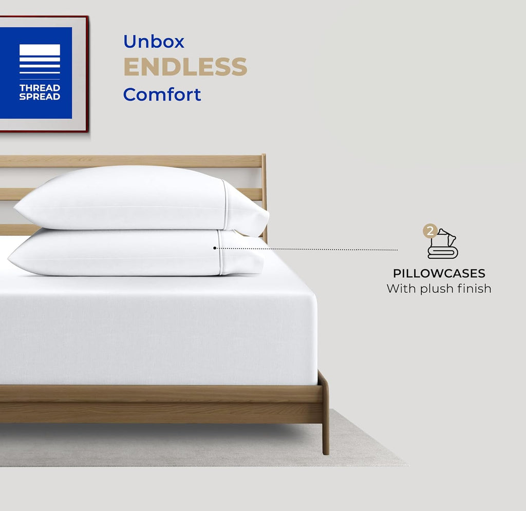 Thread Spread 100% Cotton King Size Pillow Cases - Luxury 400 Series Glee Collection, Soft & Breathable (White)