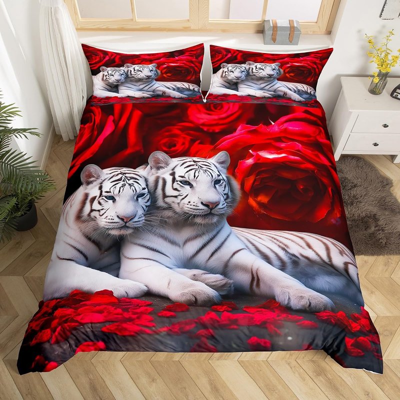 Tiger Bedding Set King Size,Red Rose Flower Comforter Cover for Boys Girls,African Safari Animals Duvet Cover,Big Cat Wild Animal Skin Quilt Cover,Romantic Garden Floral Bedroom Decor