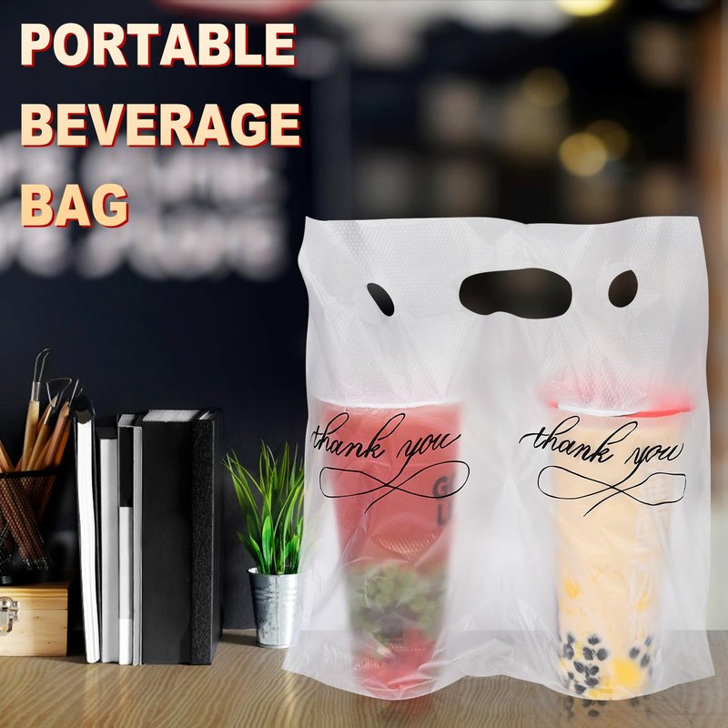MJOGGOTT 500 Pack Clear Plastic Drinking Bags, Cup Carrier with Handle, Thank You Disposable Cup Holder for Drinks Beverage, Coffee, Juice, Stores, Bar Restaurant Take Out, Hold 1 and 2 Cups