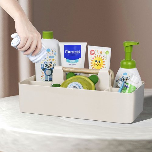 ChengFu Baby Shower Caddy Plastic Nursery Portable Storage Organizer Caddy Tote for Child/Kids, Divided Basket Bin with Wood Handle for Bathroom, Dorm Room, Holds Hand Soap, Bottles, Spoons (Beige)