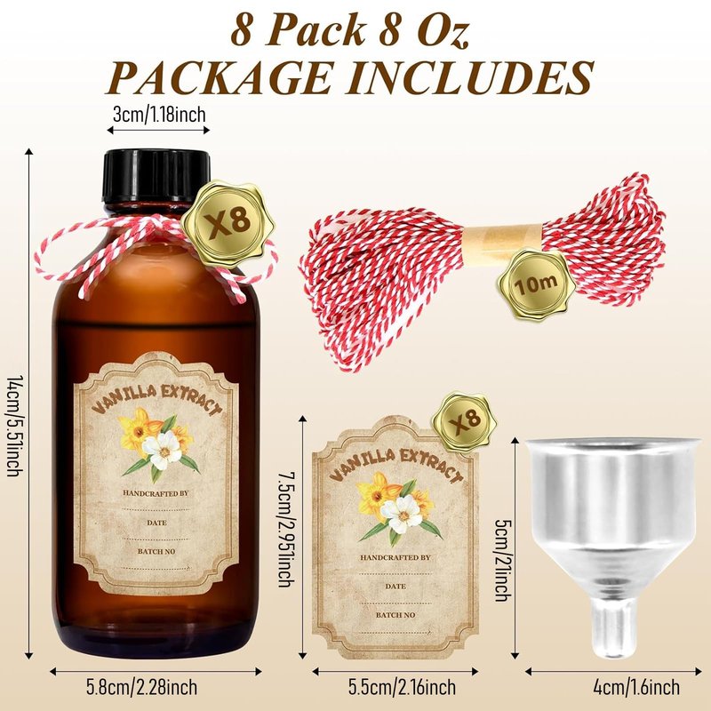 ohaayoo 8 Pack 8 Ounce Amber Glass Bottle Boston Round Bottles with Caps Brown Vanilla Extract Bottles，8 Pcs Vanilla Extract Stickers for Syrup Gift Glass Food Storage Canister Set Sauce Beans