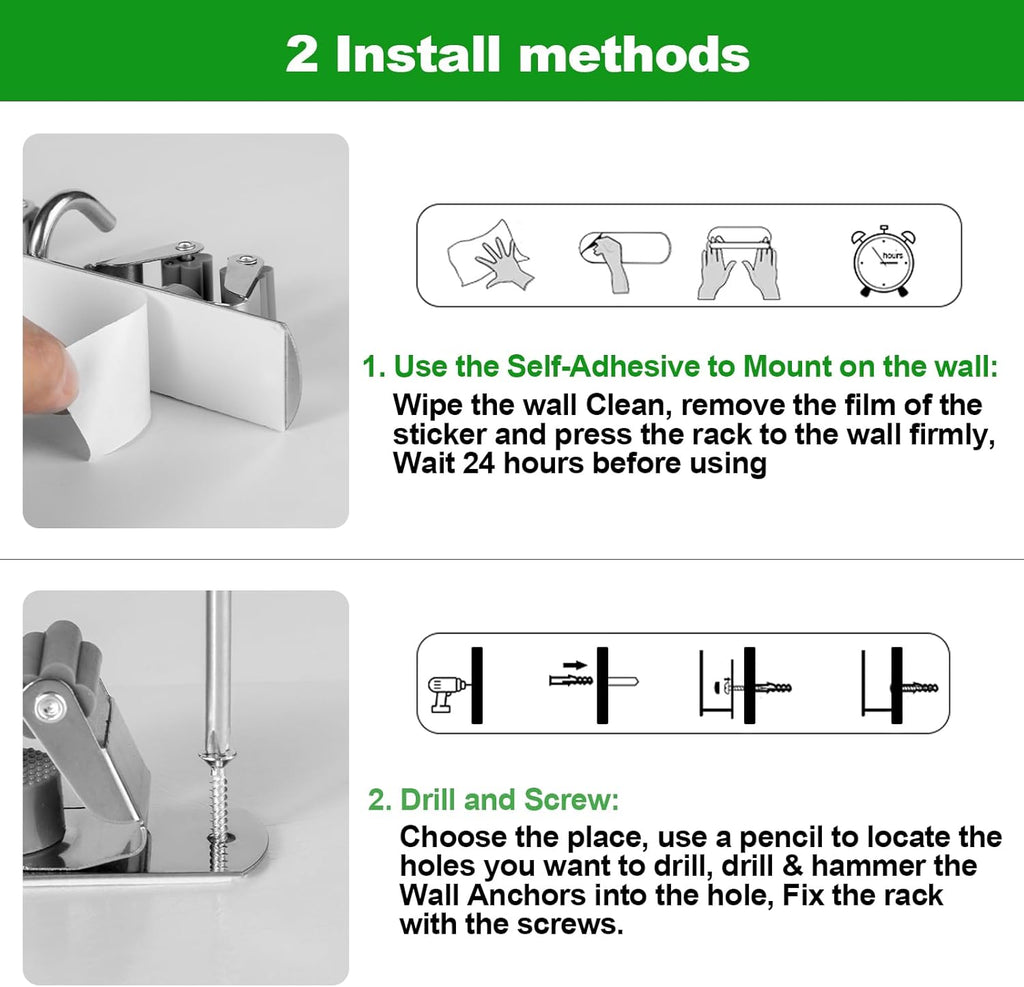 Voze Mop and Broom Holder - 5 Racks & 4 Hooks, Heavy-Duty Self-Adhesive Organizer | Silver