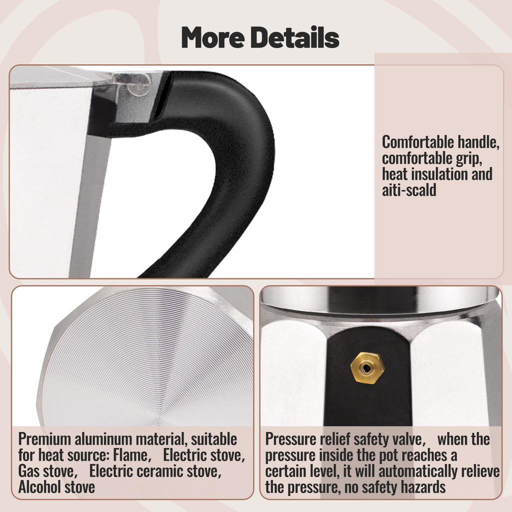Vaolvpant 2 Cup Aluminum Moka Pot Classic Stovetop Espresso Coffee Maker 100ml 3.4oz Coffeemaker Percolator Mocha Pot Greca Coffee Maker Cafe Makers for Italian and Cuban Café Brewing Silver