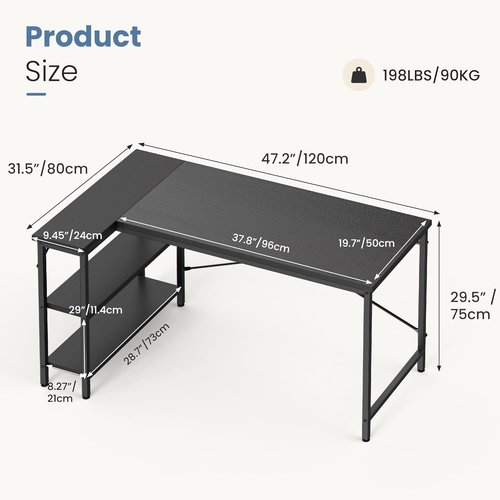 DUMOS L-Shaped Desk - 47 Inch Computer Desk with Reversible Storage Shelves - Modern Black for Home Office & Gaming