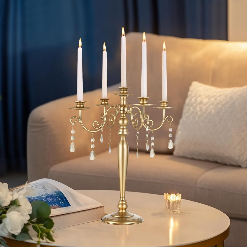 Sziqiq Gold Candelabra | 5 Arm Candle Holder - Vintage Metal Centerpiece for Weddings & Dining Tables