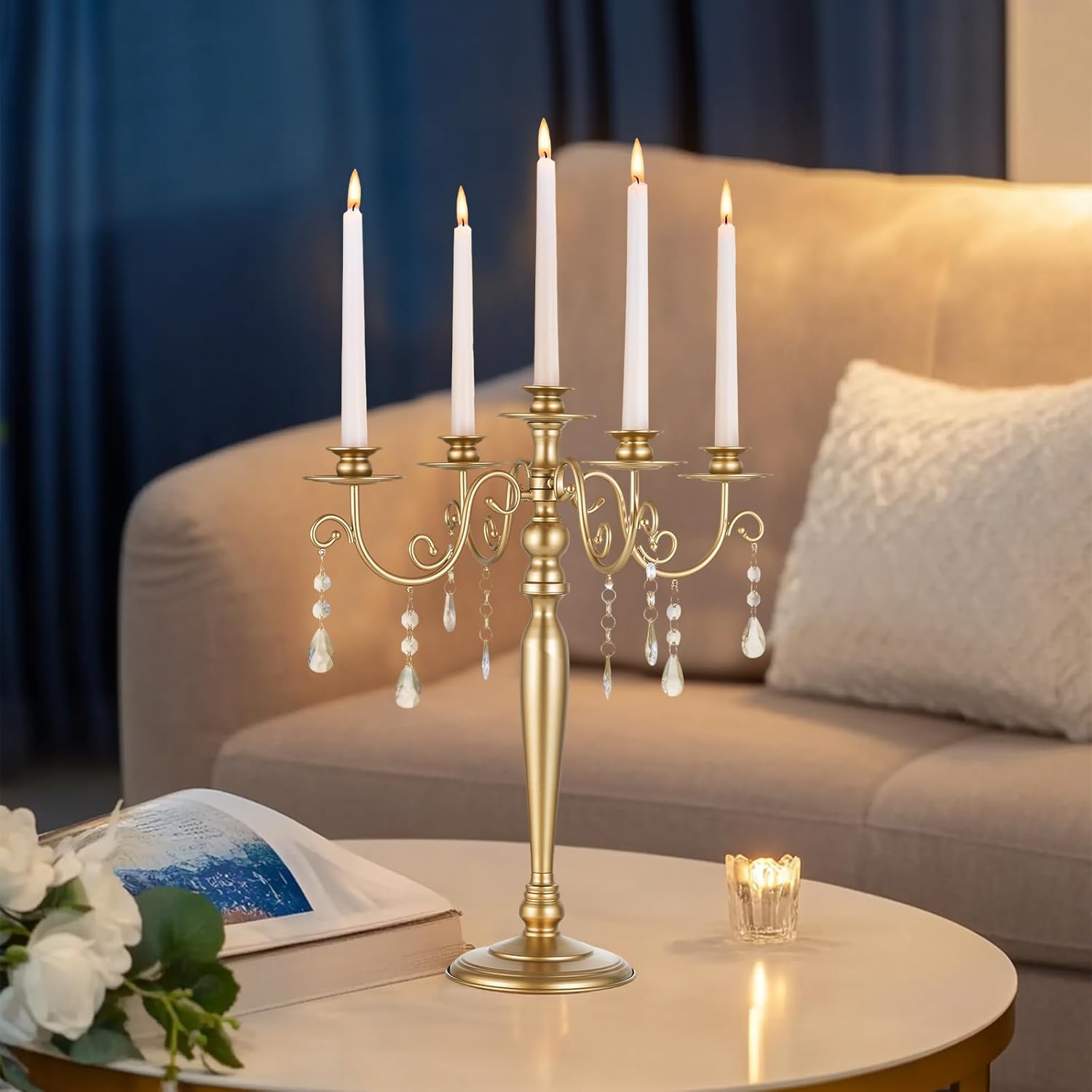 Sziqiq Gold Candelabra | 5 Arm Candle Holder - Vintage Metal Centerpiece for Weddings & Dining Tables