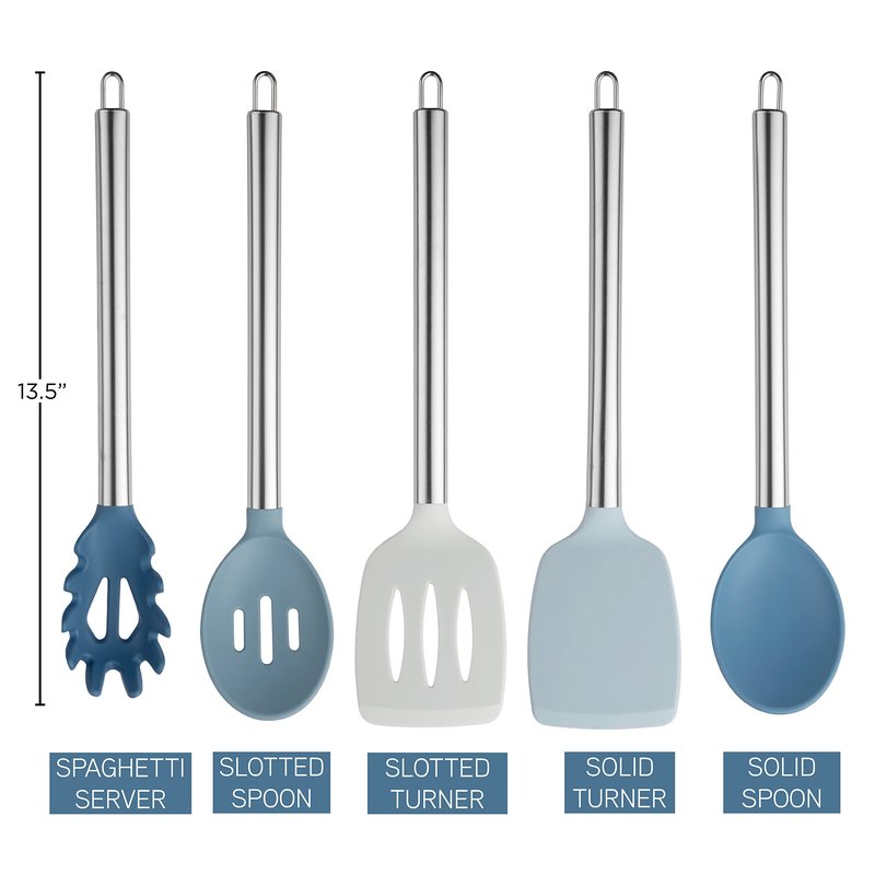 COOK WITH COLOR Silicone Cooking Utensils, Kitchen Utensil Set, Easy to Clean Silicone Kitchen Utensils, Cooking Utensils for Nonstick Cookware, Kitchen Gadgets Set, 5 Pieces, Blue and White