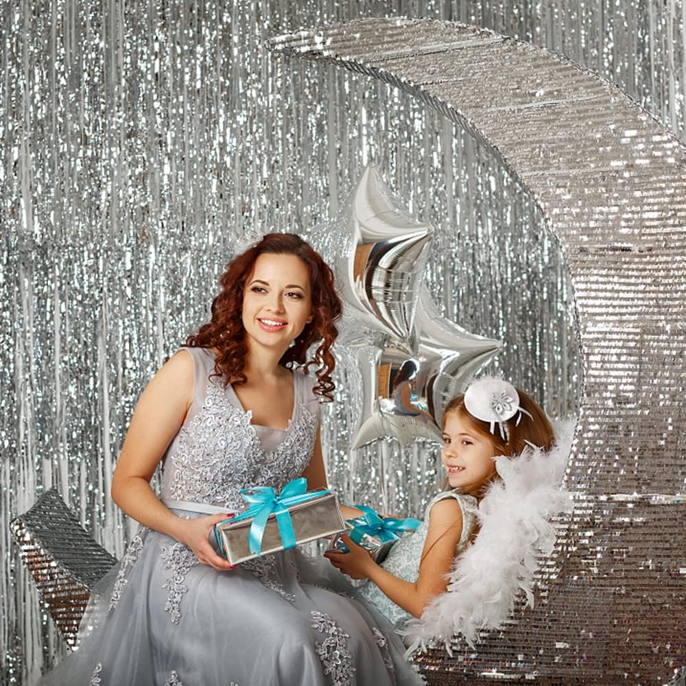 Skiennix Silver Backdrop Curtains - 10 Pack Foil Fringe Decorations for Parties & Events