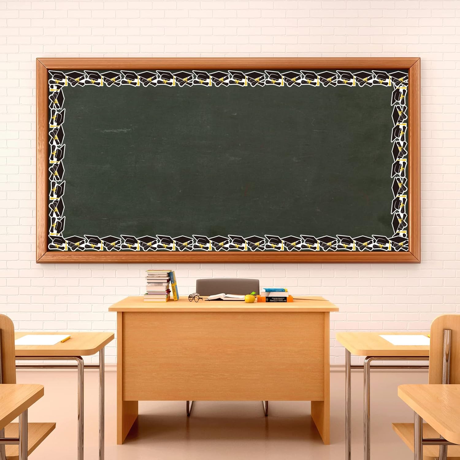 Whaline Graduation Bulletin Board Border - 69Ft Firework & Cap Design in Black, Gold, and White