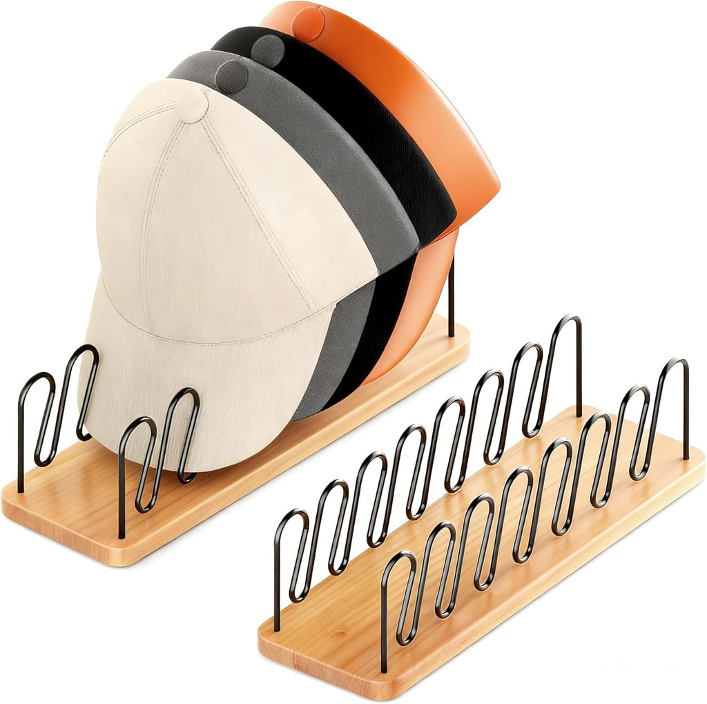 UdoUto Hat Organizer for Baseball Caps - 2 Pack | Space-Saving Wood & Metal Rack Holds 14 Caps