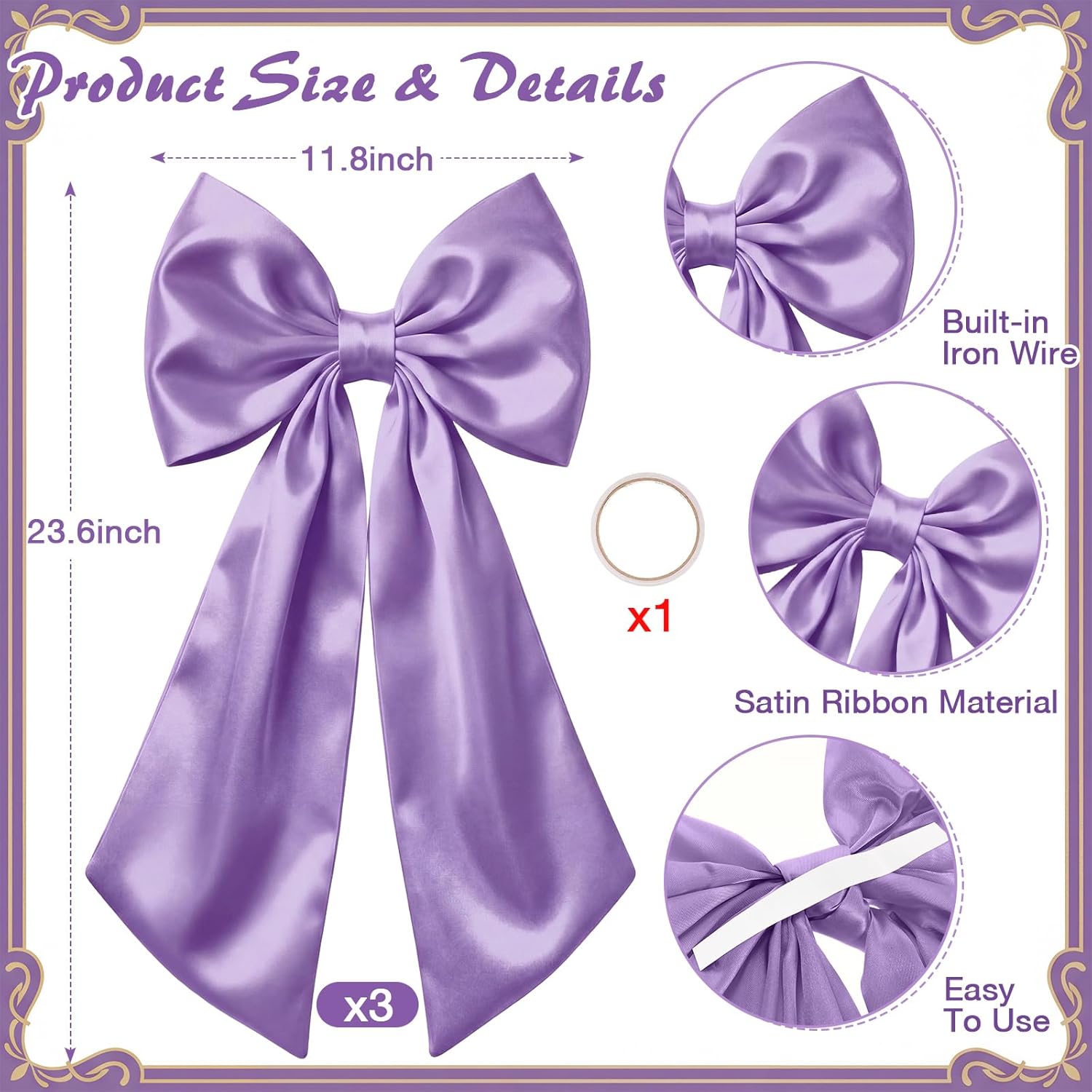 Suncalla Large Satin Bow Decorations - 3 Pcs 2 FT for Weddings, Birthdays & Holiday Parties