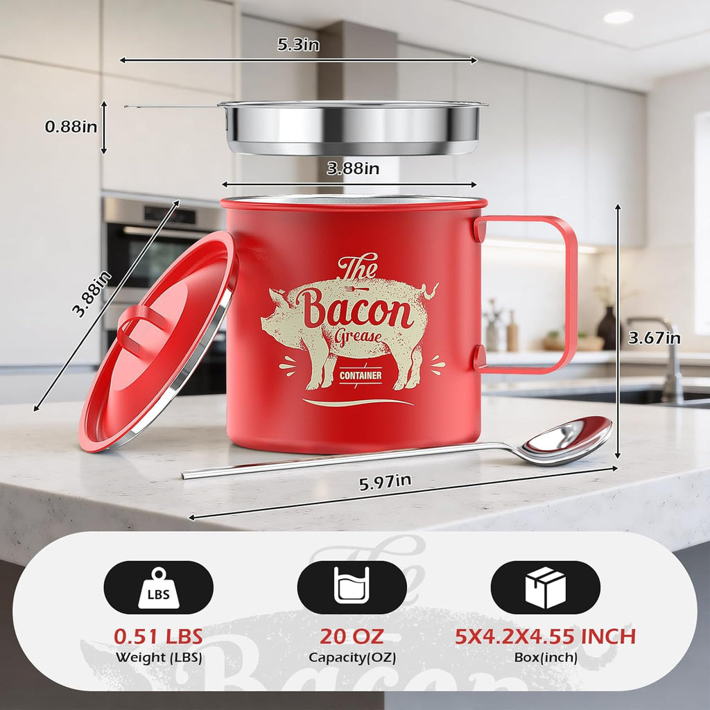PGYARD Mini Bacon Grease Saver - 20 Oz Stainless Steel Oil Container | Dishwasher Safe Red Bacon Grease Keeper