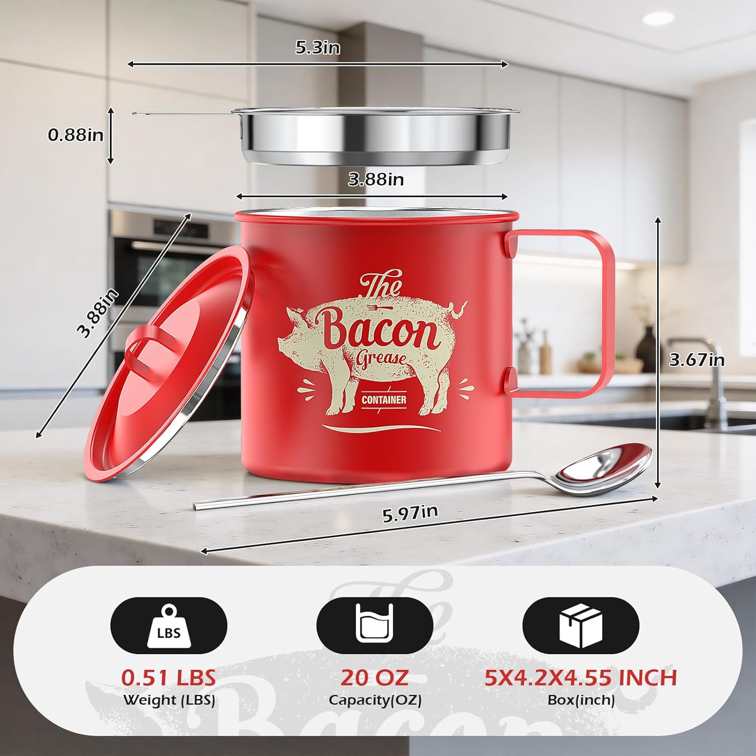PGYARD Mini Bacon Grease Saver - 20 Oz Stainless Steel Oil Container | Dishwasher Safe Red Bacon Grease Keeper