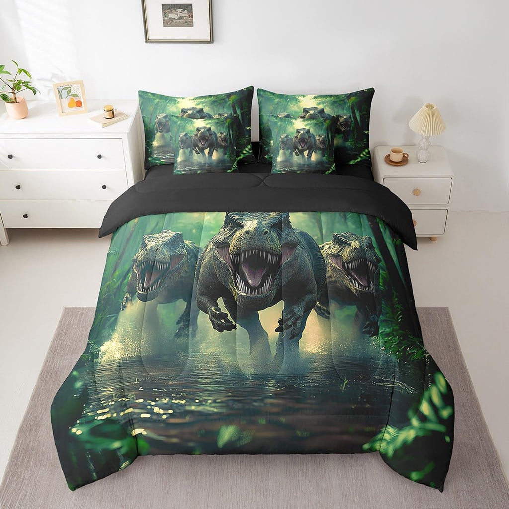 Cartoon Dinosaur Bed Set Includes Comforter, Sheet Set, Pillowcases & Pillow Covers Twin 3D Dino Print 7 Piece Bedding Set Decor Jungle Dino Comforter Set Soft Microfiber Wild Animal Bedroom Decor