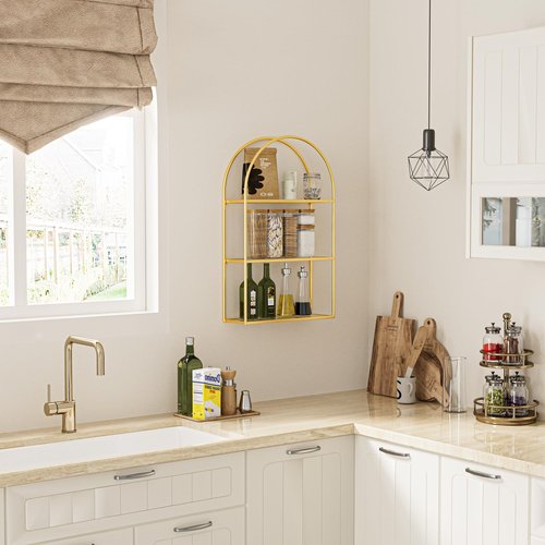 Crofy Gold Arched Frame Wall Shelf, Decorative 3 Tier Bathroom Wall Shelf with Transparent Tempered Glass Shelves and Robust Storage Capacity, 5.1" D x 18.1" W x 28.9" H