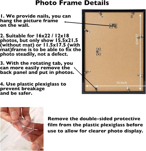 JCJMY 16x22 Picture Frame - Wall Hanging Frame with 12x18 Mat, Black Plexiglass Design