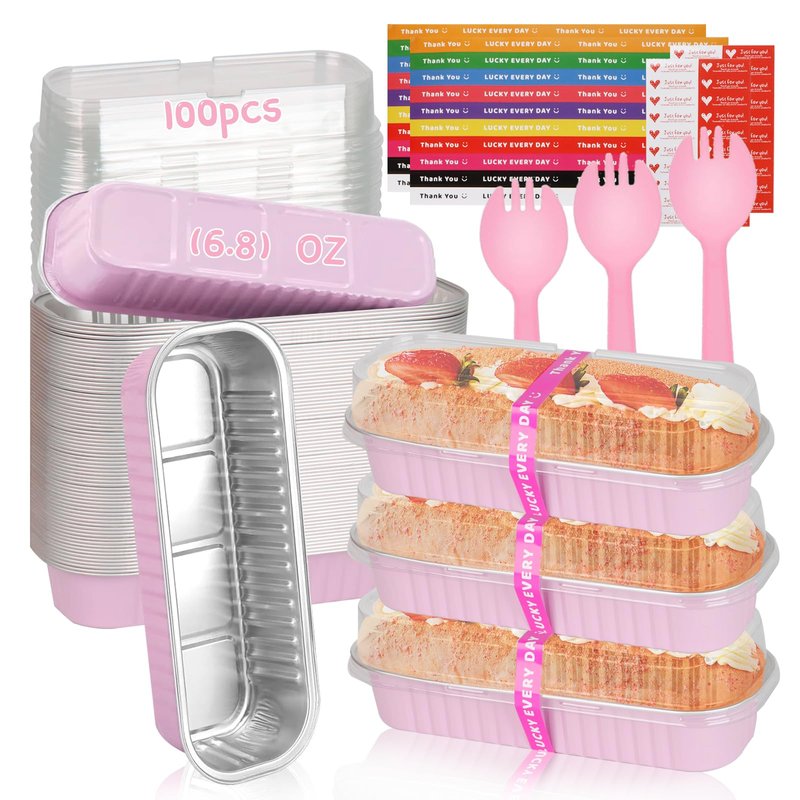 Yimerlen 100 Pack Mini Loaf Pans Mini Cake Pans with Lids and Spoons Sealing Sticker, 6.8oz Rectangle Aluminum Foil Baking Pans Disposable Loaf Cake Pan for Baking (Pink)