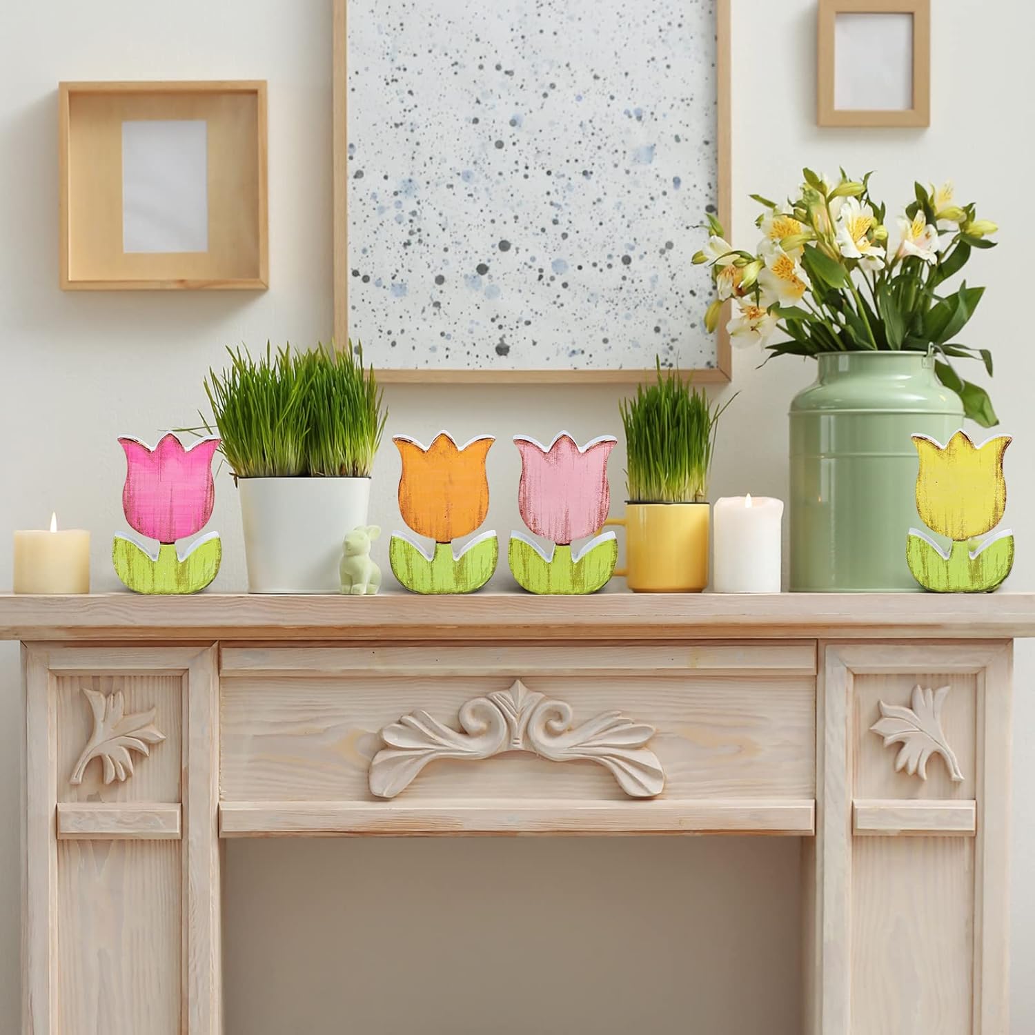 Whaline Spring Tulips Wood Signs - Rustic Floral Table Decor for Farmhouse Centerpieces | 4-Piece Set