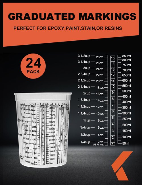 KREFINISH 32 OZ Paint Mixing Cups Disposable Flexible Clear Graduated Plastic Measuring Cups Box of 24 Cups & 4 Lids Use for Automotive Painting, Epoxy Resin, Acrylic Arts, Kitchen - Mixing Ratios