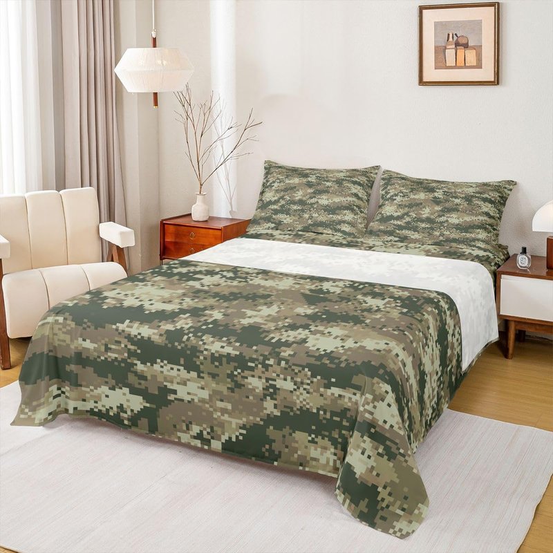 Green Camouflage Bed Sheet Set Queen Size,Geometric Abstract Army Camo Bedding Set for Kids Men Boys Adult Room Decor,Army Soldier Lovers Fitted Sheet Modern Top Flat Sheet with 2 Pillowcases