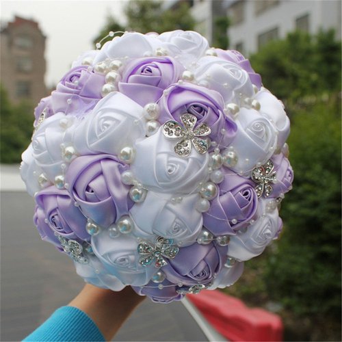 S_SSOY Wedding Bouquet Bride Bridal Brooch Bouquets Bridesmaid Bouquet Diamond Pearl Ribbon Valentine's Day Confession Party Church with Free Corsage Flower, Purple+White