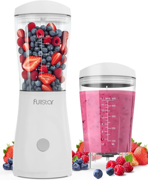 Fullstar Portable Blender - 15 oz Mini Personal Travel Smoothie Maker with Sipper Lid | Compact Design for Home & Office (White)