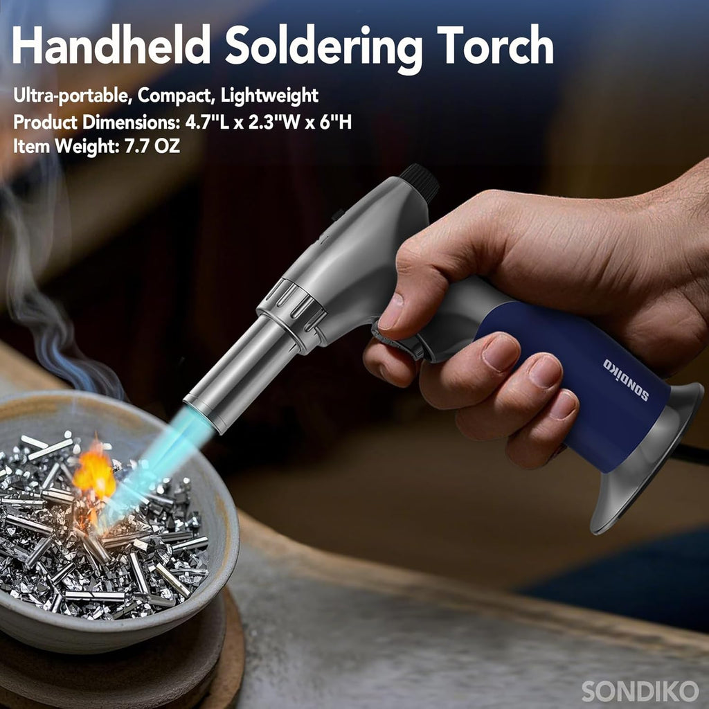 Sondiko Dual Adjustable Flame Butane Torch Lighter - Mini Refillable Kitchen Torch with Continuous Flame Lock for Crème Brûlée and Cooking