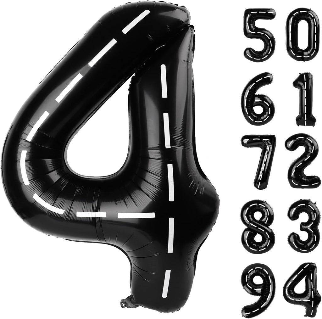 Race Car 4 Balloon - 40 Inch Number Balloon for 4th Birthday Party Decorations | Black Racecar Theme