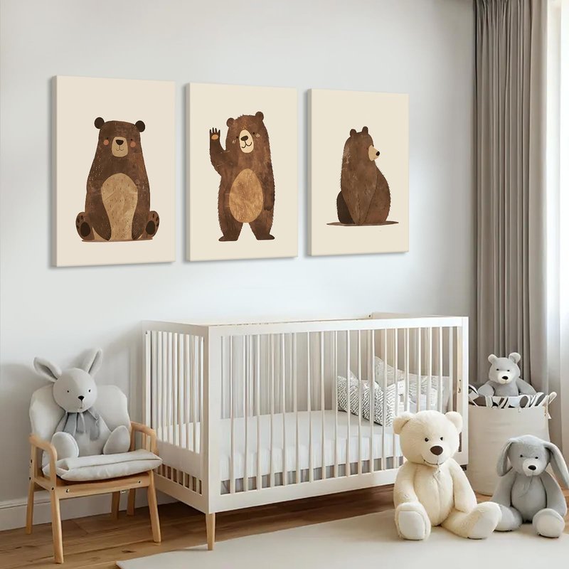 Nursery Wall Art Baby Canvas Pictures Bear Wall Decor Boys Room Prints Kids Poster Cute Animal Theme Pictures Woodland Bear Painting Neutral Children Artwork for Bedroom 16x24 Inch Ready to Hang
