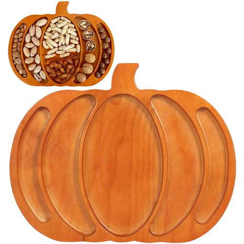 Autumn Harvest Wooden Pumpkin Serving Tray,15x11.8 Inches Snacks Fruit Meat Cheese Deli Plate,Split Dinner Plates for Halloween, Thanksgiving, Parties，Christmas Day