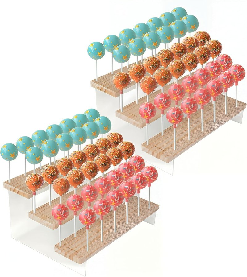 Hloizyn 2 Pack Cake Pop Stand Holder - 3 Tier for 39 Cake Pops, Acrylic & Pine Wood Dessert Table Stand | Wedding Birthday Baby Shower Candy Buffet Cake Pop Display.