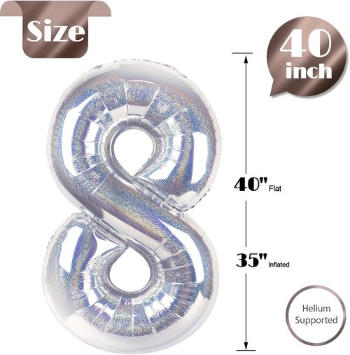 Laser Silver 8 Balloon - 40 Inch Number Balloon for 8th Birthday Decorations | Party Supplies