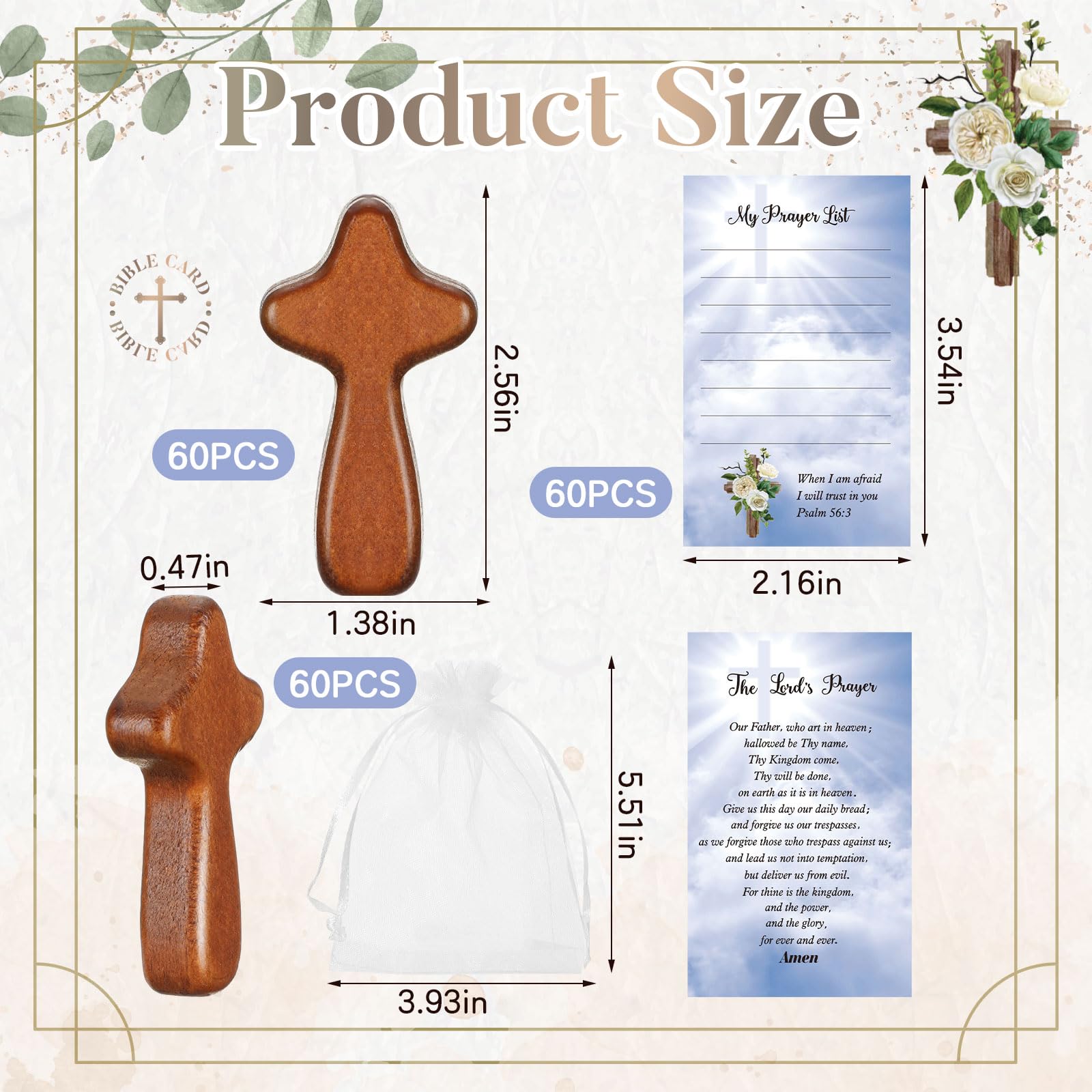Kigley 60 Set Mini Wood Holding Crosses Gifts Bulk Small Pocket Hand Crosses Prayer Cards Employee Appreciation Gifts for Sunday Easter Christian Church Jesus School