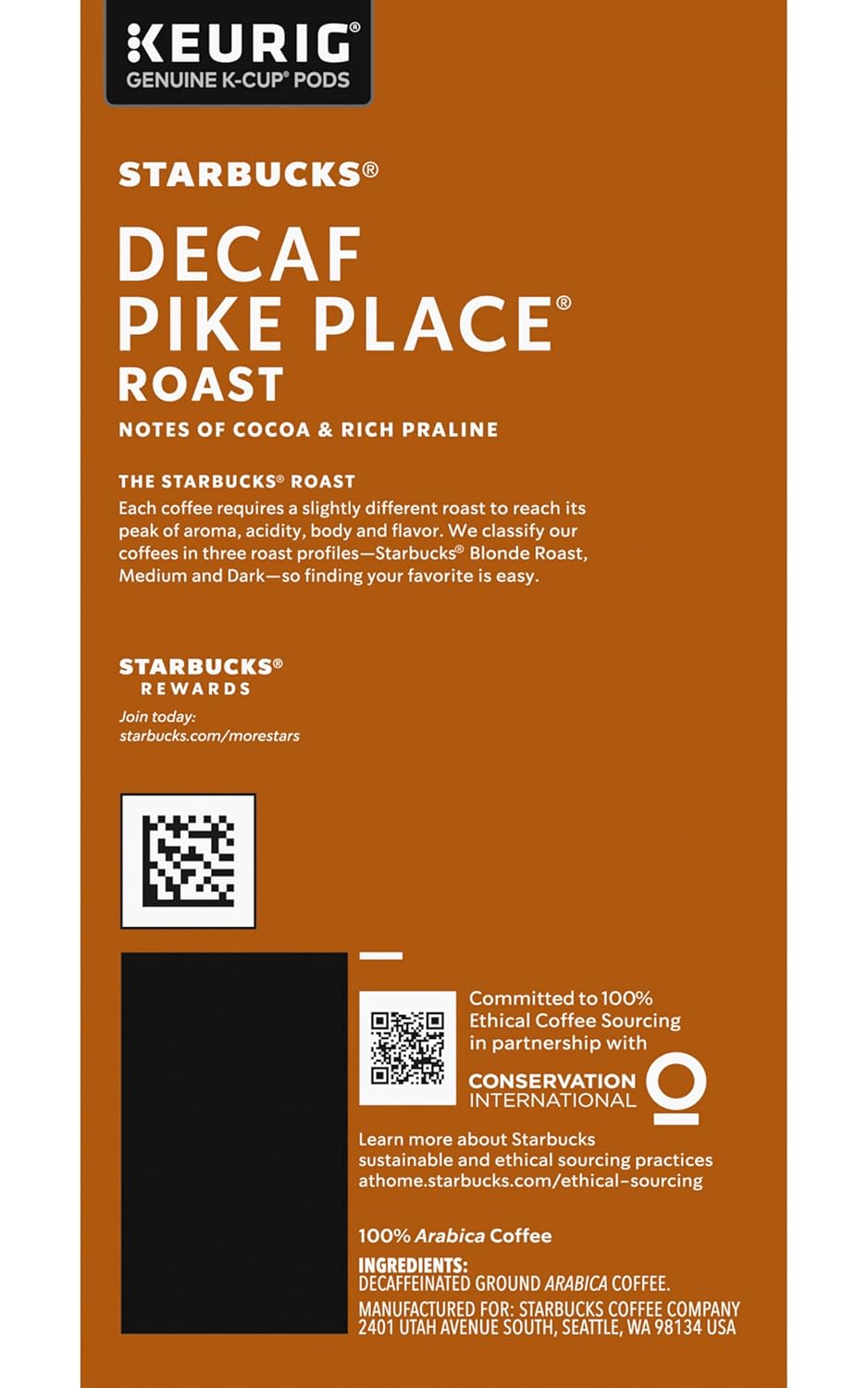 Starbucks Decaf Pike Place Roast K-Cups - Rich Flavor, 72 Count (3 Boxes of 24 K-Cups)