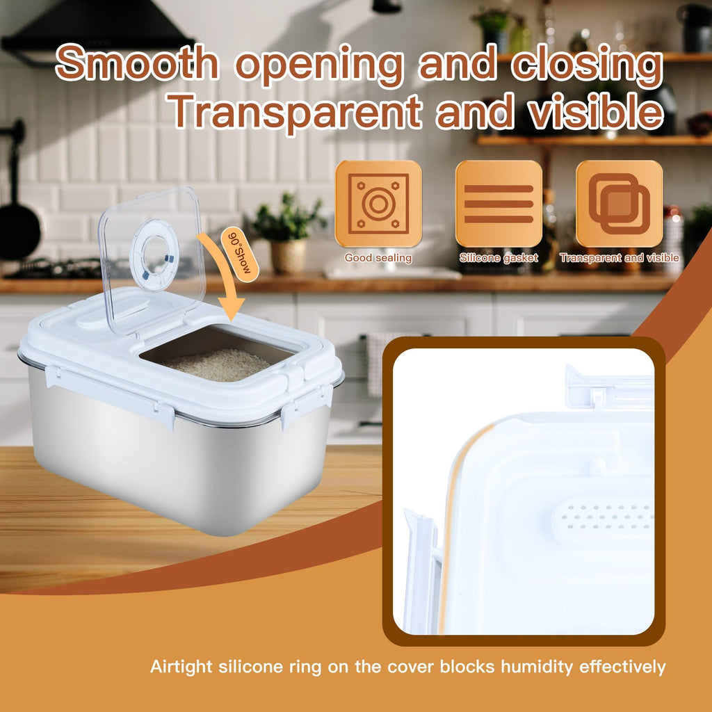 Mairuker 20Lbs Airtight Rice Container with Flip Lid, Stainless Steel Food Storage Container with Date Tracker, Measuring Cup and Spoon, 10L Portable Kitchen Pantry Bin for Flour Grain Sugar - Silver