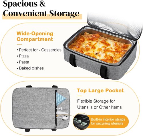 Coobiiya Insulated Casserole Carrier - Keeps Food Hot or Cold | Portable Tote for 9" x 13" Dish - Grey