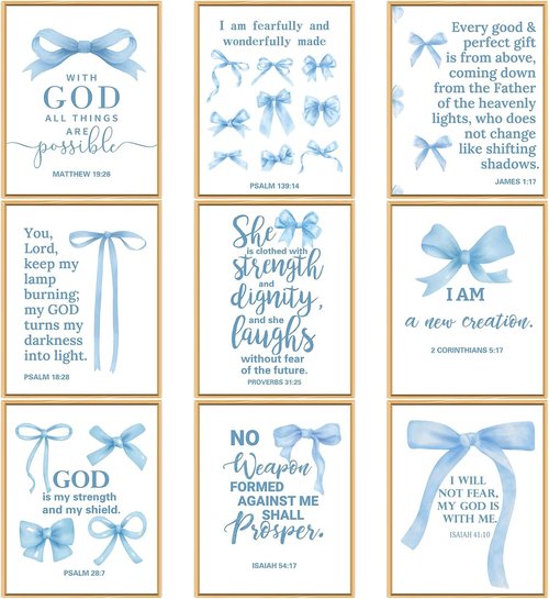 Chiisong 9 Pcs Blue Bow Wall Art Decor - Inspirational Christian Scripture Prints | 14 x 11'' Unframed Set for Living Room & Bedroom