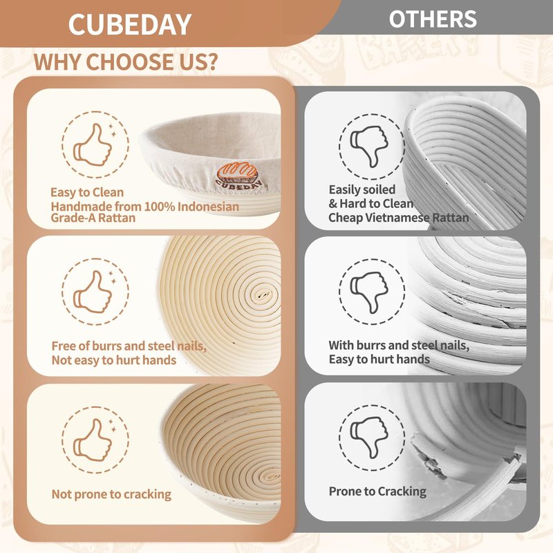 CUBEDAY Banneton Bread Proofing Basket,Sourdough Banneton Basket – 9” Premium Handwoven Brotform with Liner for Bakery-Perfect Sourdough & Rustic Loaves, Proofing Basket for Sourdough Bread Baking