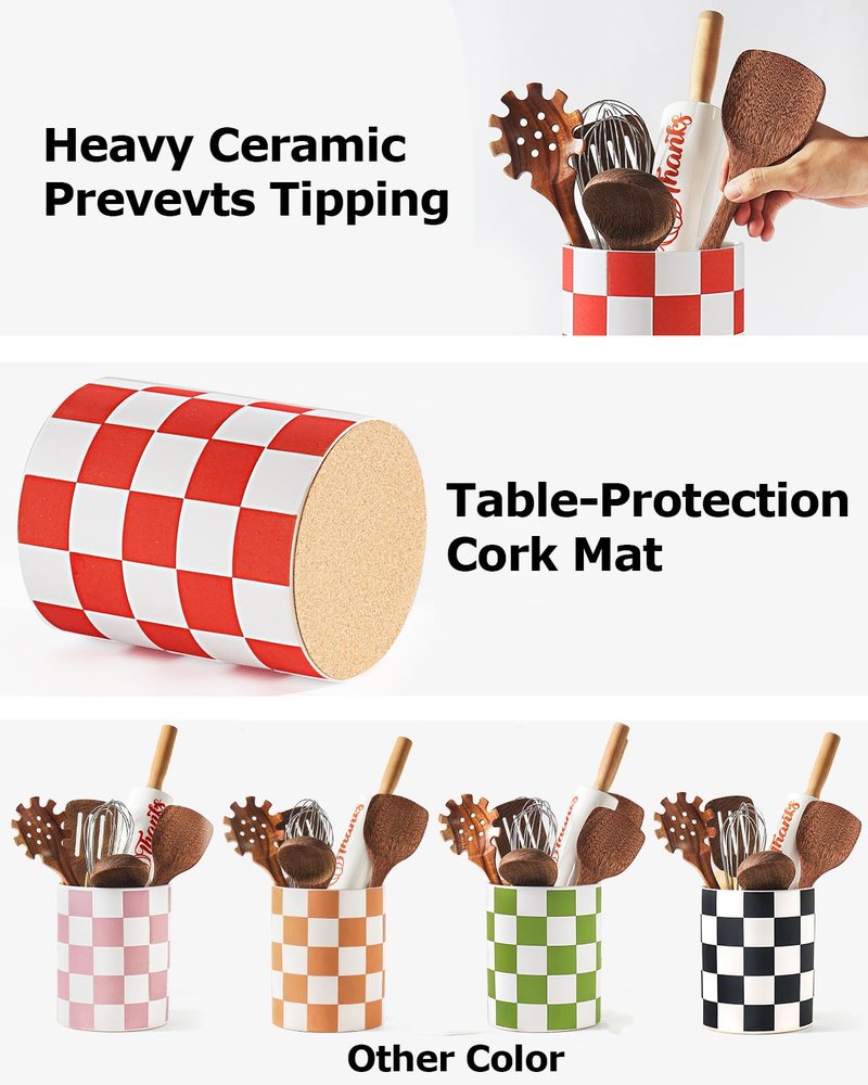 Swkien Utensil Holder, 7.2 Inch Checkered Utensil Holder, Ceramic Cooking Utensil Spoon/Spatula Holder for Countertop, Kitchen Decor and Accessories for counte(Red)