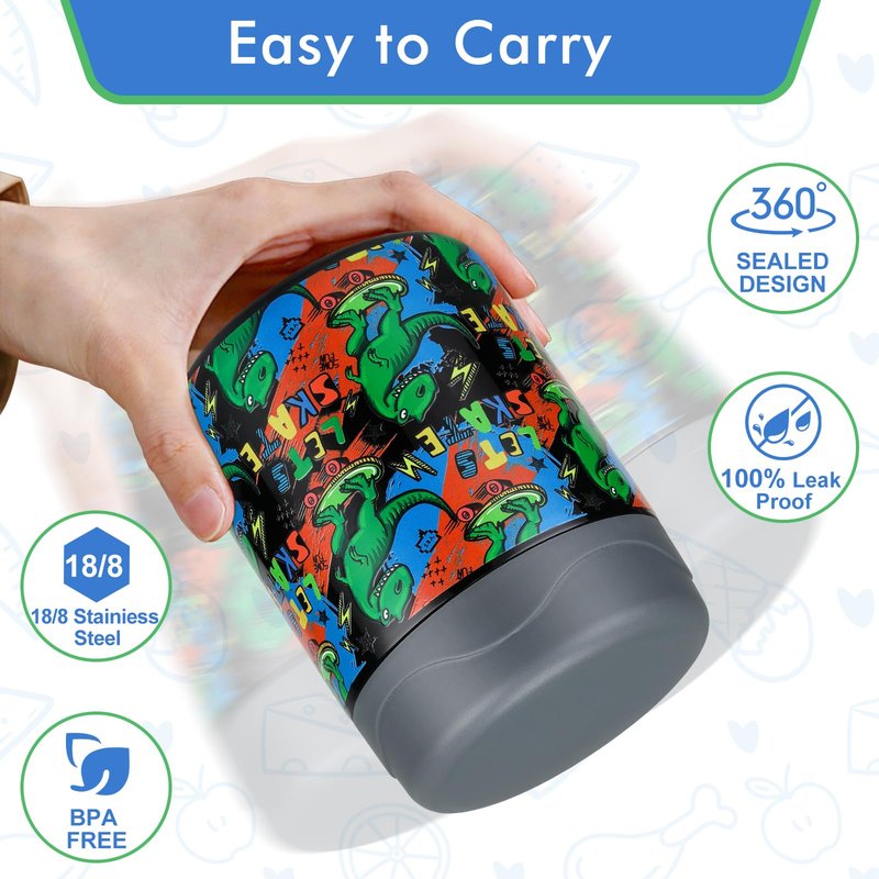 wiwens 12oz Soup Thermo for Hot Food Kids Insulated Food Jar Wide Mouth Lunch Container Leak Proof Stainless Steel Vacuum Bento Box for School Office Travel Outdoors Black-Dinosaur