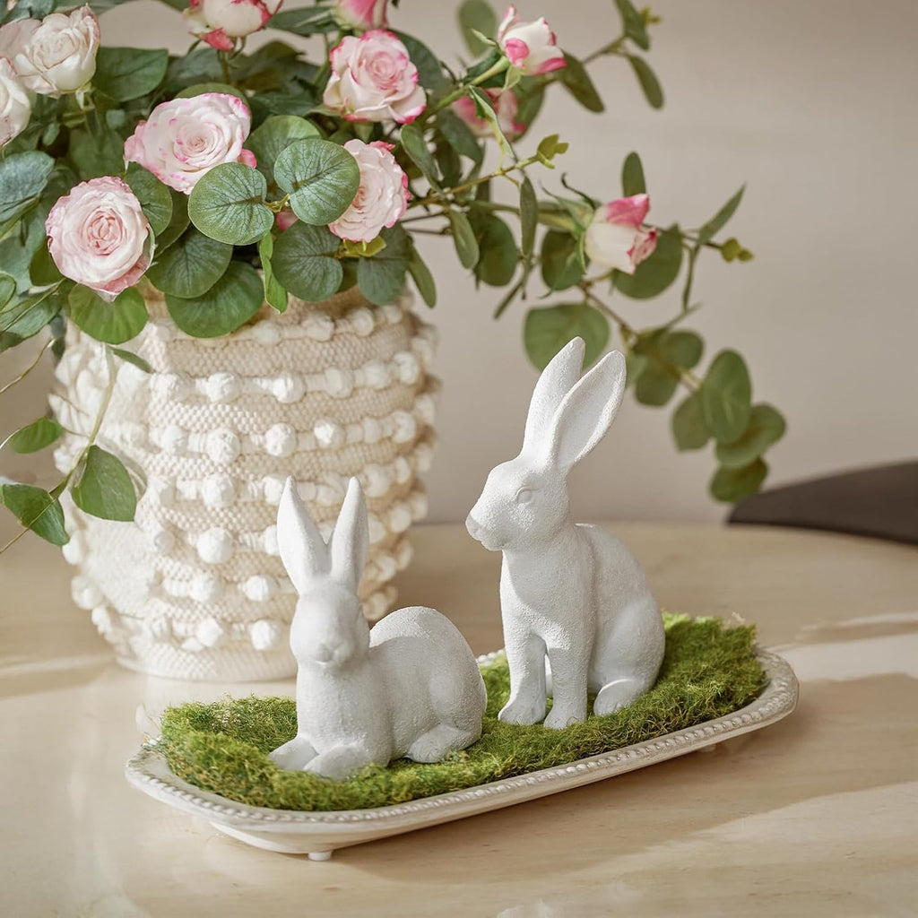 Skiennix White Frosted Resin Bunny Figurines - Set of 2 Decorative Rabbit Statues for Spring Home Decor