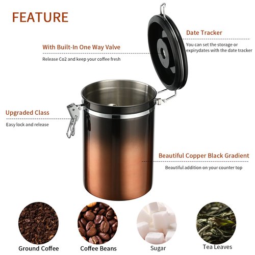 malmo Coffee Canister, Airtight Coffee Container with Date Tracker Lid, Stainless Steel Canister for Kitchen Food Storage (Black-Copper, 16oz)