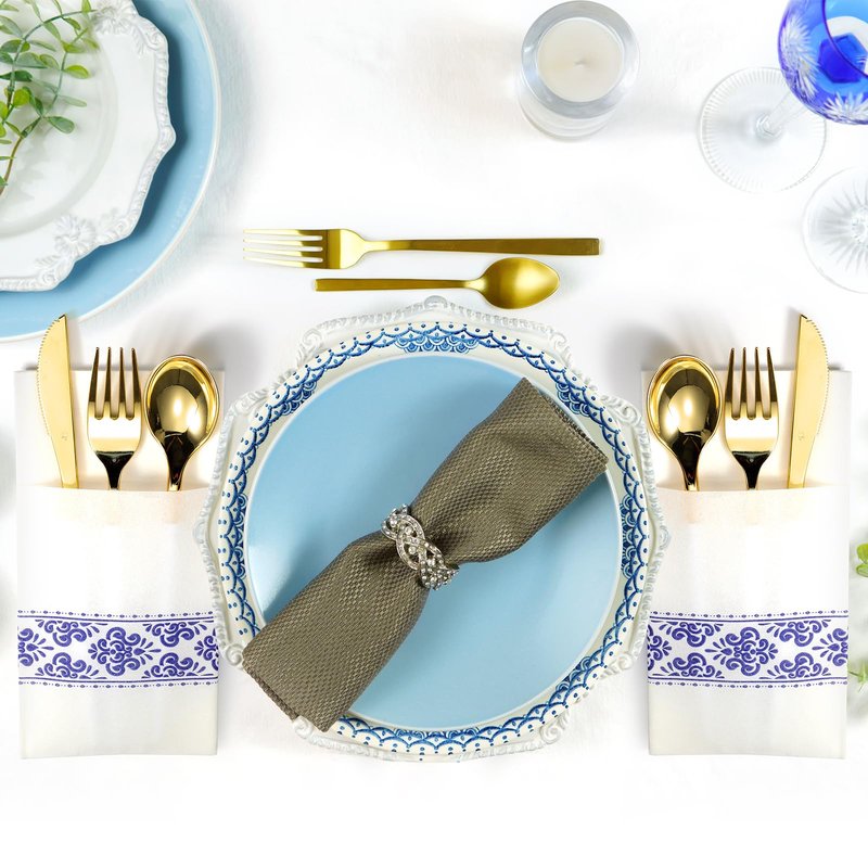 Qilery 100 Pack White Pocket Napkins Blue Floral Disposable Airlaid Paper Napkins with Built-in Flatware Pocket for Dinner and Wedding