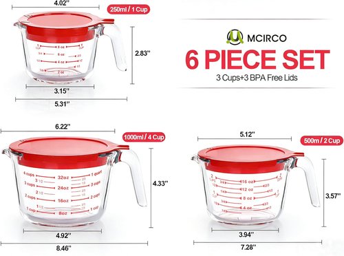MCIRCO Glass Measuring Cups Set - 6 Pcs with Lids, Nesting Design, 1-Cup to 4-Cup Sizes for Kitchen Use